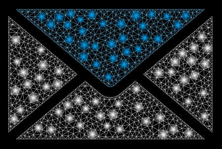 Flare mesh mail with glare effect. Abstract illuminated model of mail icon. Shiny wire carcass triangular mesh mail. Vector abstraction on a black background.のイラスト素材