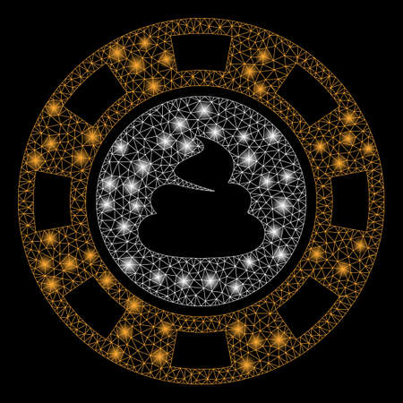 Glossy mesh shit casino chip with sparkle effect. Abstract illuminated model of shit casino chip icon. Shiny wire frame polygonal network shit casino chip. Vector abstraction on a black background.のイラスト素材