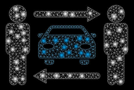 Glowing mesh men cars exchange with glare effect. Abstract illuminated model of men cars exchange icon. Shiny wire carcass polygonal mesh men cars exchange. Vector abstraction on a black background.のイラスト素材