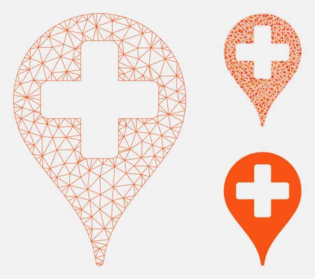 Mesh medical map marker model with triangle mosaic icon. Wire frame triangular mesh of medical map marker. Vector mosaic of triangle parts in variable sizes, and color tints.のイラスト素材