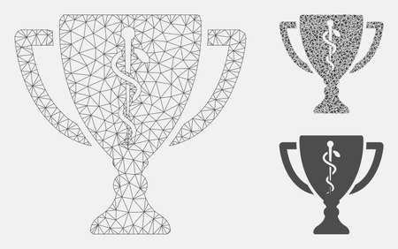 Mesh medical award cup model with triangle mosaic icon. Wire frame polygonal mesh of medical award cup. Vector composition of triangle parts in different sizes, and color hues.のイラスト素材