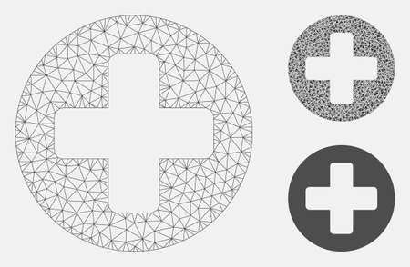 Mesh medical rounded cross model with triangle mosaic icon. Wire carcass triangular mesh of medical rounded cross. Vector mosaic of triangle parts in different sizes, and color tones.のイラスト素材