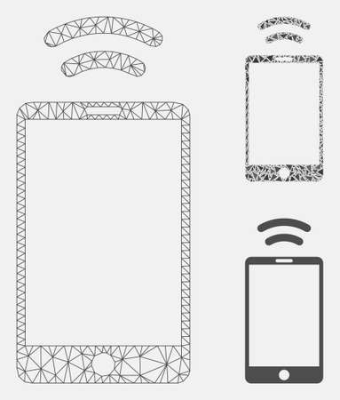 Mesh mobile irda signal model with triangle mosaic icon. Wire carcass triangular mesh of mobile irda signal. Vector mosaic of triangle parts in various sizes, and color tinges.のイラスト素材