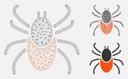 Mesh mite model with triangle mosaic icon. Wire carcass polygonal mesh of mite. Vector composition of triangle elements in variable sizes, and color tints. Abstract 2d mesh mite,のイラスト素材