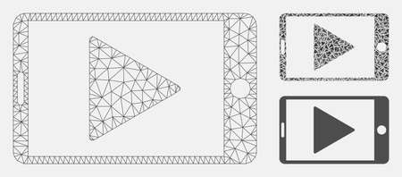 Mesh mobile start play model with triangle mosaic icon. Wire frame polygonal mesh of mobile start play. Vector mosaic of triangles in various sizes, and color shades.のイラスト素材