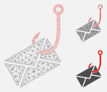Mesh envelope phishing hook model with triangle mosaic icon. Wire frame triangular mesh of envelope phishing hook. Vector mosaic of triangle parts in various sizes, and color tones.のイラスト素材
