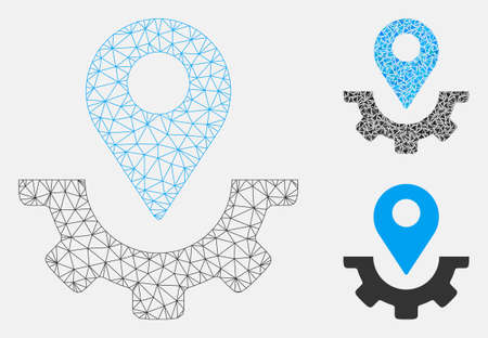 Mesh service map marker model with triangle mosaic icon. Wire carcass triangular mesh of service map marker. Vector collage of triangle elements in different sizes, and color tinges.のイラスト素材