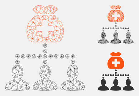 Mesh medical fund clients model with triangle mosaic icon. Wire frame polygonal mesh of medical fund clients. Vector collage of triangle elements in different sizes, and color tones.のイラスト素材