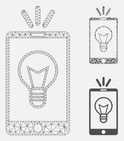 Mesh mobile lamp light model with triangle mosaic icon. Wire carcass triangular mesh of mobile lamp light. Vector mosaic of triangle elements in various sizes, and color shades.のイラスト素材