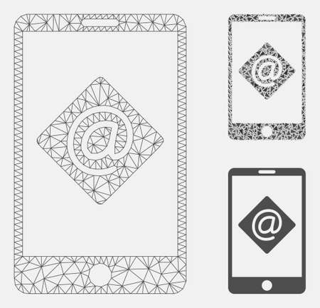 Mesh mobile email model with triangle mosaic icon. Wire carcass triangular mesh of mobile email. Vector mosaic of triangle parts in various sizes, and color shades. Abstract 2d mesh mobile email,のイラスト素材