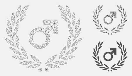 Mesh male symbol laurel wreath model with triangle mosaic icon. Wire frame triangular mesh of male symbol laurel wreath. Vector mosaic of triangle parts in various sizes, and color shades.のイラスト素材
