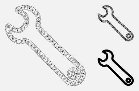 Mesh spanner model with triangle mosaic icon. Wire carcass polygonal mesh of spanner. Vector collage of triangle parts in variable sizes, and color tones. Abstract flat mesh spanner,のイラスト素材