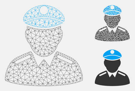 Mesh officer model with triangle mosaic icon. Wire carcass triangular mesh of officer. Vector mosaic of triangles in variable sizes, and color tints. Abstract flat mesh officer,のイラスト素材