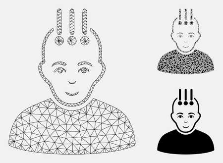 Mesh neural interface model with triangle mosaic icon. Wire frame polygonal mesh of neural interface. Vector mosaic of triangles in various sizes, and color tinges. Abstract 2d mesh neural interface,のイラスト素材