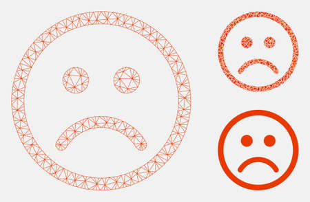 Mesh sad smiley model with triangle mosaic icon. Wire frame triangular mesh of sad smiley. Vector composition of triangle elements in different sizes, and color shades. Abstract 2d mesh sad smiley,のイラスト素材