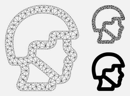 Mesh soldier head model with triangle mosaic icon. Wire carcass triangular mesh of soldier head. Vector mosaic of triangle elements in various sizes, and color hues. Abstract flat mesh soldier head,のイラスト素材