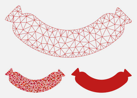 Mesh sausage model with triangle mosaic icon. Wire frame polygonal network of sausage. Vector collage of triangle parts in different sizes, and color shades. Abstract 2d mesh sausage,のイラスト素材