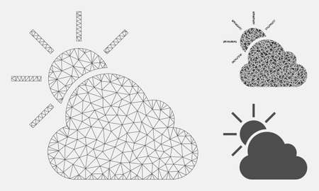 Mesh weather model with triangle mosaic icon. Wire carcass polygonal mesh of weather. Vector composition of triangle parts in various sizes, and color tints. Abstract flat mesh weather,のイラスト素材