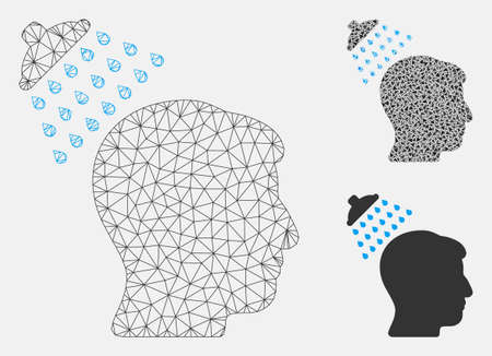 Mesh head shower model with triangle mosaic icon. Wire carcass polygonal mesh of head shower. Vector mosaic of triangles in different sizes, and color shades. Abstract 2d mesh head shower,のイラスト素材