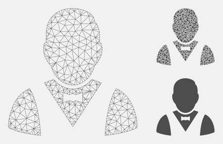 Mesh waiter model with triangle mosaic icon. Wire frame polygonal mesh of waiter. Vector mosaic of triangle elements in variable sizes, and color hues. Abstract flat mesh waiter,のイラスト素材