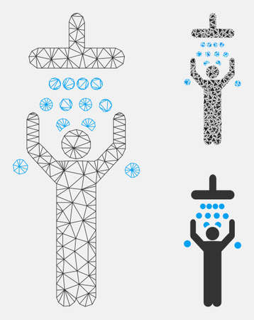 Mesh man under shower model with triangle mosaic icon. Wire frame polygonal mesh of man under shower. Vector mosaic of triangle elements in variable sizes, and color tints.のイラスト素材