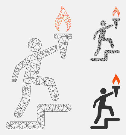 Mesh leader climb with torch model with triangle mosaic icon. Wire carcass triangular mesh of leader climb with torch. Vector mosaic of triangle elements in variable sizes, and color tinges.のイラスト素材