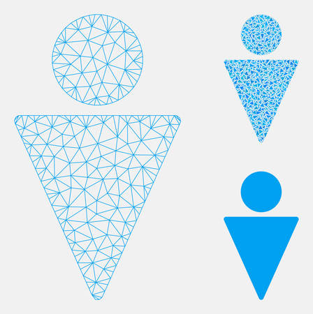 Mesh man model with triangle mosaic icon. Wire carcass triangular mesh of man. Vector mosaic of triangle parts in various sizes, and color shades. Abstract flat mesh man,のイラスト素材