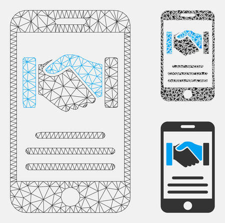 Mesh mobile agreement handshake model with triangle mosaic icon. Wire carcass triangular mesh of mobile agreement handshake. Vector mosaic of triangles in variable sizes, and color hues.のイラスト素材