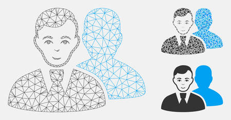 Mesh users model with triangle mosaic icon. Wire carcass polygonal mesh of users. Vector mosaic of triangle parts in various sizes, and color tones. Abstract flat mesh users,のイラスト素材