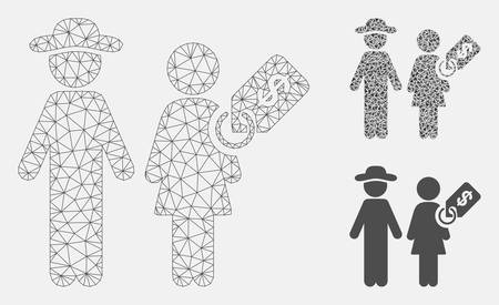 Mesh marriage of convenience model with triangle mosaic icon. Wire frame polygonal mesh of marriage of convenience. Vector mosaic of triangle elements in different sizes, and color hues.のイラスト素材