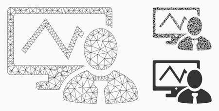 Mesh online trader model with triangle mosaic icon. Wire carcass triangular mesh of online trader. Vector mosaic of triangle elements in various sizes, and color hues.のイラスト素材