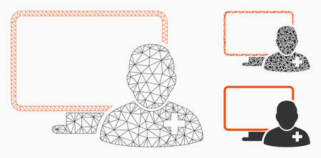 Mesh online doctor model with triangle mosaic icon. Wire carcass triangular mesh of online doctor. Vector mosaic of triangle parts in variable sizes, and color shades.のイラスト素材