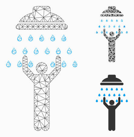 Mesh man under shower model with triangle mosaic icon. Wire frame polygonal mesh of man under shower. Vector mosaic of triangle parts in various sizes, and color shades.のイラスト素材