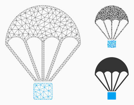 Mesh parachute model with triangle mosaic icon. Wire frame triangular mesh of parachute. Vector mosaic of triangle parts in various sizes, and color hues. Abstract 2d mesh parachute,のイラスト素材