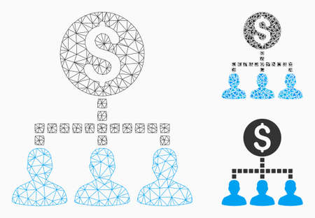 Mesh money recipients model with triangle mosaic icon. Wire frame triangular network of money recipients. Vector collage of triangle elements in different sizes, and color tints.のイラスト素材