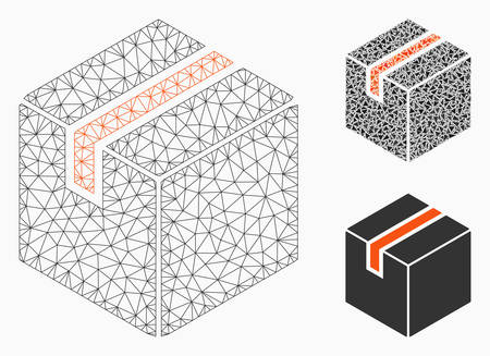 Mesh package model with triangle mosaic icon. Wire carcass polygonal network of package. Vector collage of triangle elements in variable sizes, and color hues. Abstract 2d mesh package,のイラスト素材