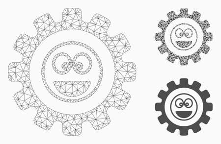 Mesh options gear laugth smiley model with triangle mosaic icon. Wire carcass triangular mesh of options gear laugth smiley. Vector composition of triangle parts in variable sizes, and color tones.のイラスト素材