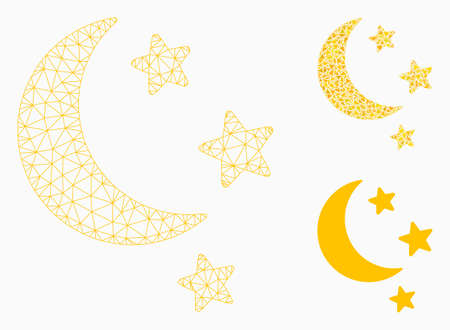 Mesh moon stars model with triangle mosaic icon. Wire frame triangular mesh of moon stars. Vector composition of triangle elements in different sizes, and color hues. Abstract 2d mesh moon stars,のイラスト素材