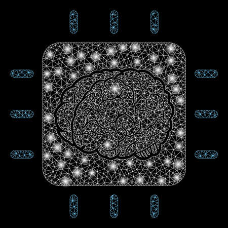 Glowing mesh neural processor with glare effect. Abstract illuminated model of neural processor icon. Shiny wire carcass polygonal mesh neural processor. Vector abstraction on a black background.のイラスト素材