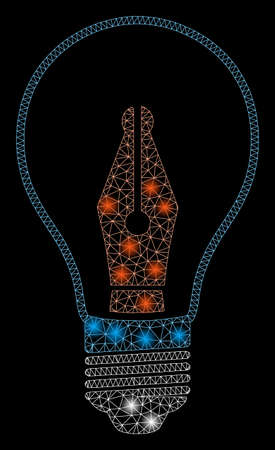 Glowing mesh news maker bulb with glare effect. Abstract illuminated model of news maker bulb icon. Shiny wire frame polygonal mesh news maker bulb. Vector abstraction on a black background.のイラスト素材