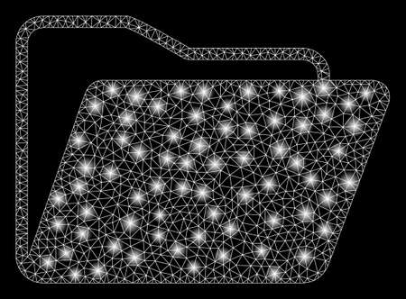 Glossy mesh open folder with lightspot effect. Abstract illuminated model of open folder icon. Shiny wire frame triangular mesh open folder. Vector abstraction on a black background.のイラスト素材
