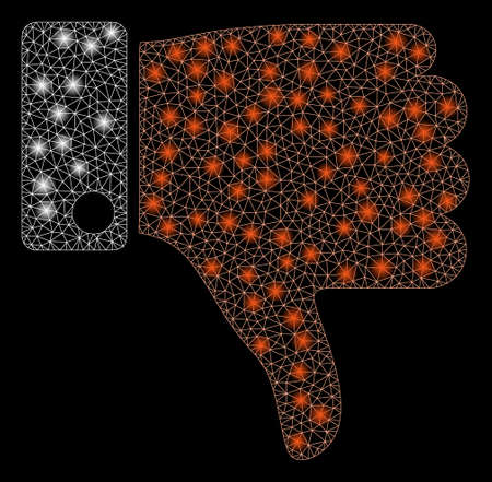 Glossy mesh thumb down with glare effect. Abstract illuminated model of thumb down icon. Shiny wire frame triangular mesh thumb down. Vector abstraction on a black background.のイラスト素材