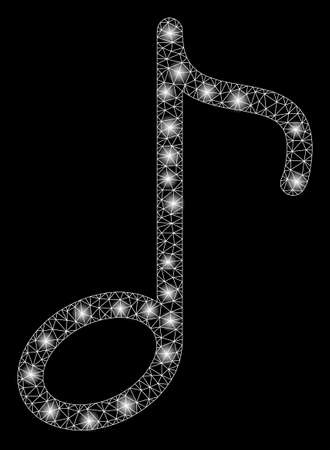 Glossy mesh music note with glow effect. Abstract illuminated model of music note icon. Shiny wire carcass triangular mesh music note. Vector abstraction on a black background.のイラスト素材