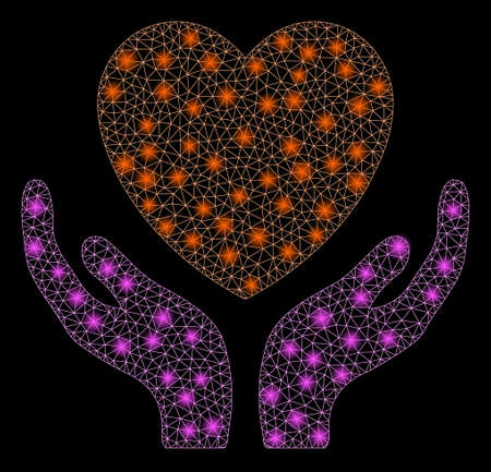 Glossy mesh heart care hands with sparkle effect. Abstract illuminated model of heart care hands icon. Shiny wire frame polygonal mesh heart care hands. Vector abstraction on a black background.のイラスト素材