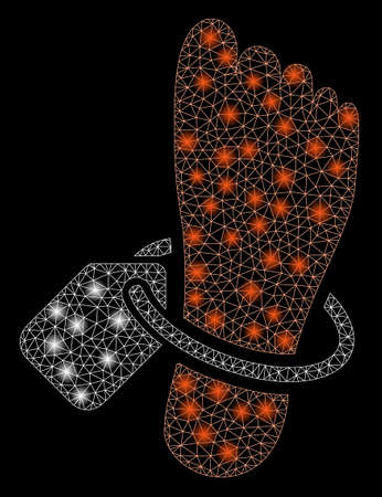 Glossy mesh mortuary tag with lightspot effect. Abstract illuminated model of mortuary tag icon. Shiny wire carcass triangular mesh mortuary tag. Vector abstraction on a black background.のイラスト素材