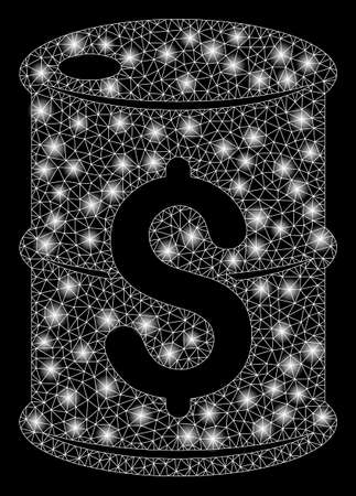 Flare mesh oil barrel price with sparkle effect. Abstract illuminated model of oil barrel price icon. Shiny wire frame polygonal mesh oil barrel price. Vector abstraction on a black background.のイラスト素材