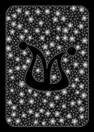 Flare mesh joker gaming card with glitter effect. Abstract illuminated model of joker gaming card icon. Shiny wire carcass triangular mesh joker gaming card. Vector abstraction on a black background.のイラスト素材