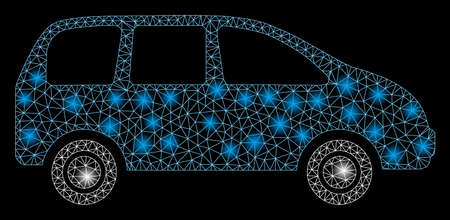 Glossy mesh minivan with lightspot effect. Abstract illuminated model of minivan icon. Shiny wire frame triangular mesh minivan. Vector abstraction on a black background.のイラスト素材