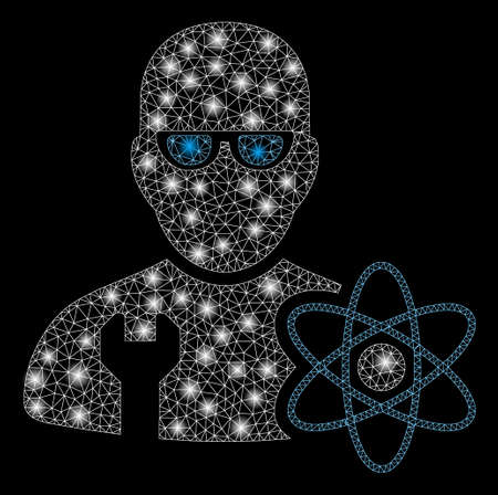 Flare mesh power engineer with glow effect. Abstract illuminated model of power engineer icon. Shiny wire carcass triangular mesh power engineer. Vector abstraction on a black background.のイラスト素材