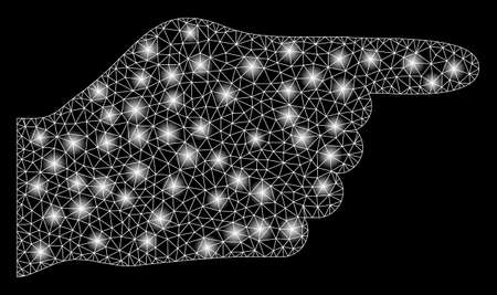Glossy mesh hand pointer with glow effect. Abstract illuminated model of hand pointer icon. Shiny wire frame triangular mesh hand pointer. Vector abstraction on a black background.のイラスト素材